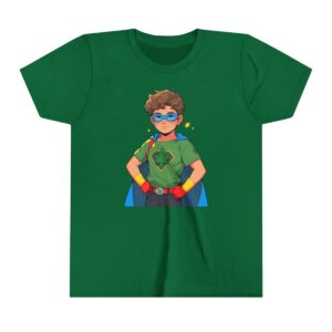 Superhero boy illustration on youth short sleeve tee with green shirt, blue mask, and cape