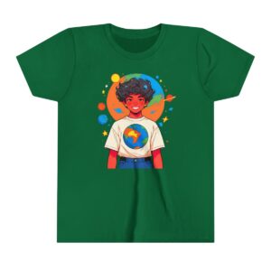 Superhero boy illustration on youth short sleeve tee with a globe emblem and space-themed background