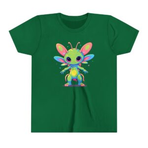 Colorful alien character illustration on youth short sleeve tee with wings and antennae