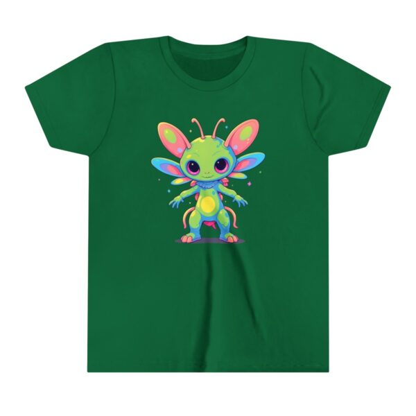 Colorful alien character illustration on youth short sleeve tee with wings and antennae