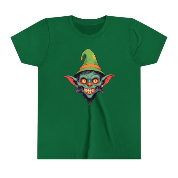 Goblin character illustration on youth short sleeve tee with eerie grin and green hat