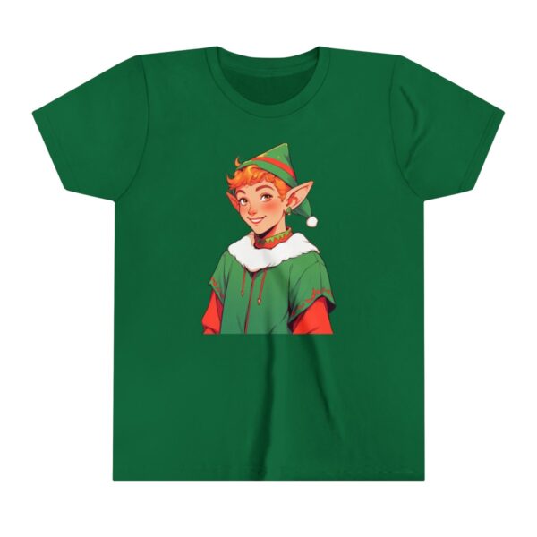 Elf character illustration on youth short sleeve tee with a green festive outfit