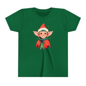 Elf character illustration on youth short sleeve tee with a festive outfit