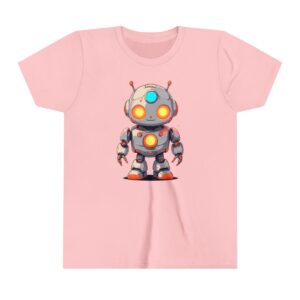 Cute robot illustration on youth short sleeve tee with glowing lights and a friendly design