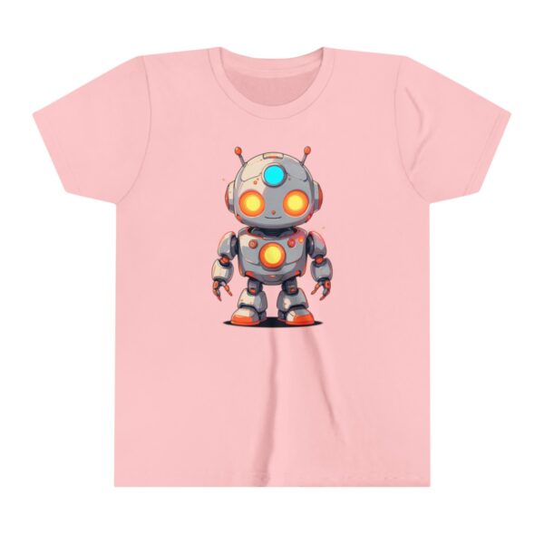 Cute robot illustration on youth short sleeve tee with glowing lights and a friendly design