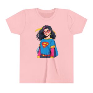 Superhero girl illustration on youth short sleeve tee with red glasses and cape