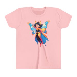 Superheroine girl illustration on youth short sleeve tee with colorful butterfly wings and dynamic pose