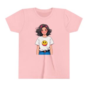 Superhero girl illustration on youth short sleeve tee with a smiley face shirt and confident pose