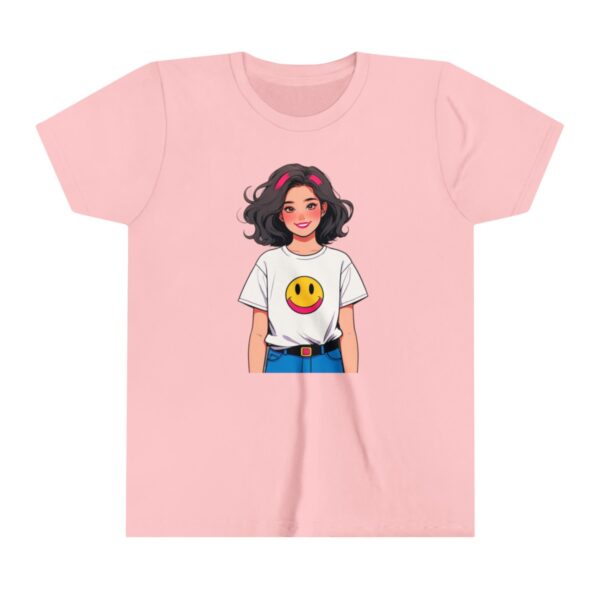 Superhero girl illustration on youth short sleeve tee with a smiley face shirt and confident pose