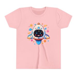 Cute spaceship illustration on youth short sleeve tee with colorful planets and stars