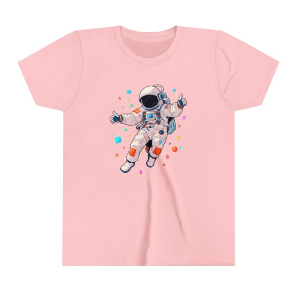 Astronaut illustration on youth short sleeve tee with space suit and colorful background