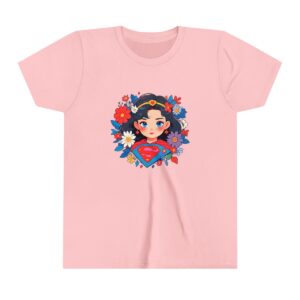 Superhero girl illustration on youth short sleeve tee with a floral wreath and blue outfit