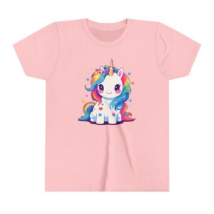 Adorable unicorn illustration on youth short sleeve tee with a rainbow mane and sparkles