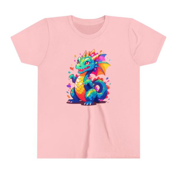 Colorful dragon illustration on youth short sleeve tee with vibrant wings and playful expression