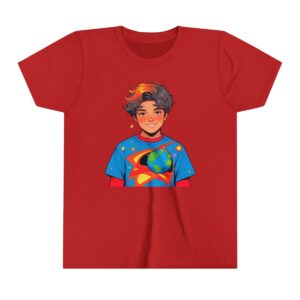 Superhero boy illustration on youth short sleeve tee with a planet and star design