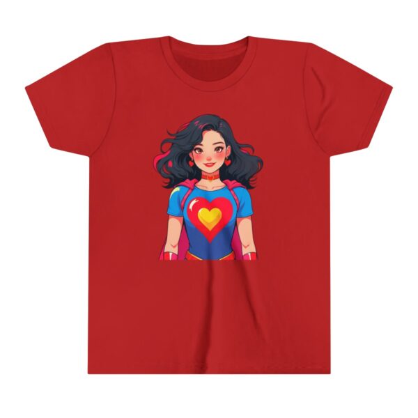 Superhero girl illustration on youth short sleeve tee with a heart emblem and confident expression