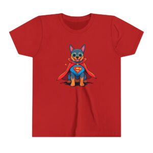 Superhero dog illustration on youth short sleeve tee with blue suit, red cape, and sunglasses