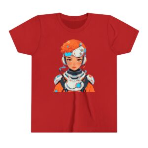 Cyborg character illustration on youth short sleeve tee with futuristic armor