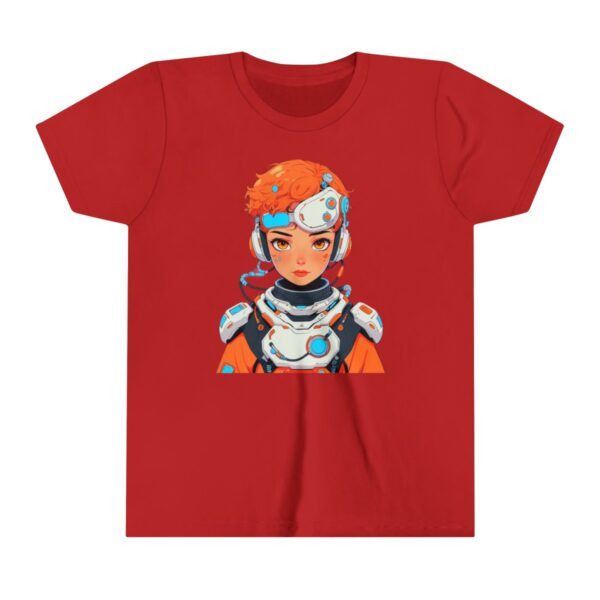 Cyborg character illustration on youth short sleeve tee with futuristic armor