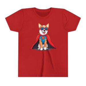 Superhero dog illustration on youth short sleeve tee with red cape, blue suit, and mask