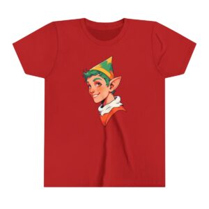 Elf character illustration on youth short sleeve tee with a festive hat