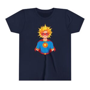 Superhero boy illustration on youth short sleeve tee with spiky blonde hair, red mask, and blue suit