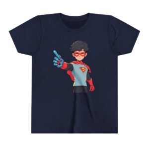 Superhero boy illustration on youth short sleeve tee with red mask, cape, and high-tech glove