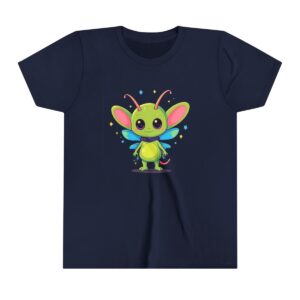 Adorable alien character illustration on youth short sleeve tee with bright colors, wings, and antennae