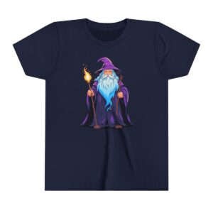 Wizard illustration on youth short sleeve tee with a fiery staff and purple robe