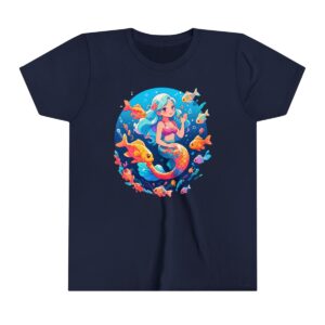 Mermaid illustration on youth short sleeve tee with colorful fish and underwater scene