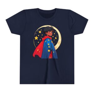 Superhero boy illustration on youth short sleeve tee with red cape and moonlit background