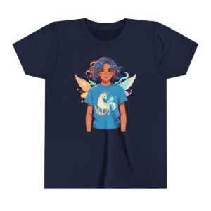 Mythical creature illustration on youth short sleeve tee with character and wings