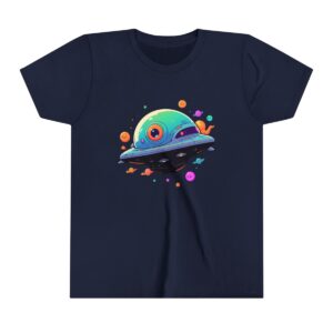 Alien spaceship illustration on youth short sleeve tee with colorful details