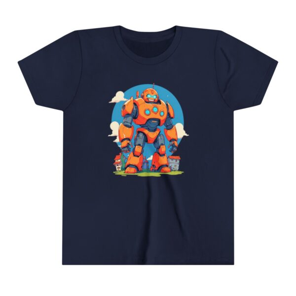 Giant robot illustration on youth short sleeve tee with clouds and building details