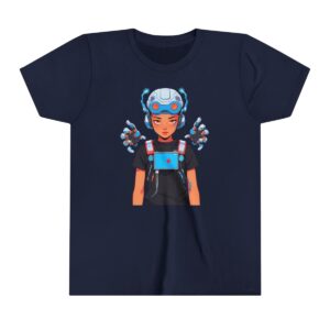 Cyborg character illustration on youth short sleeve tee with robotic enhancements