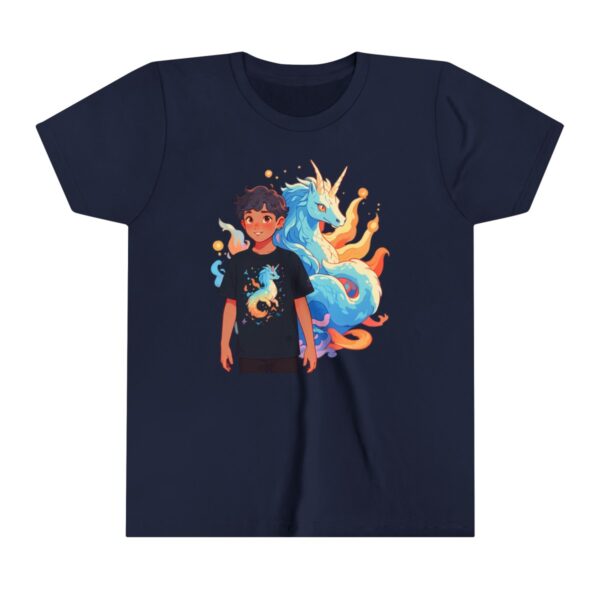 Mythical creature illustration on youth short sleeve tee with character and dragon