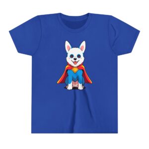 Superhero dog illustration on youth short sleeve tee with a blue suit and red cape