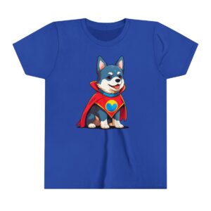 Superhero dog illustration on youth short sleeve tee with a red cape and heart emblem