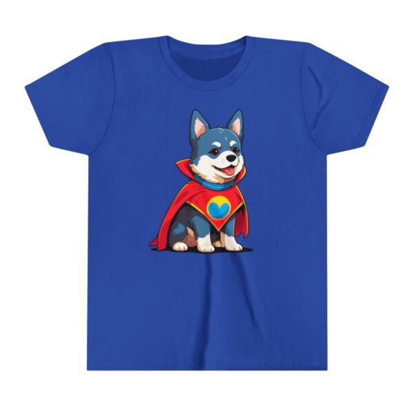 Superhero dog illustration on youth short sleeve tee with a red cape and heart emblem