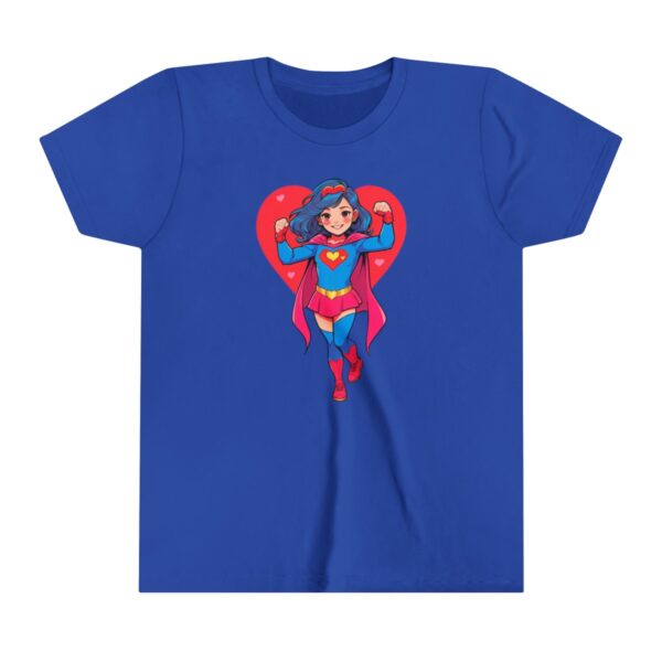 Superhero girl illustration on youth short sleeve tee with a red cape, heart background, and heroic pose