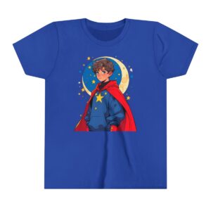 Superhero boy illustration on youth short sleeve tee with red cape and starry night design