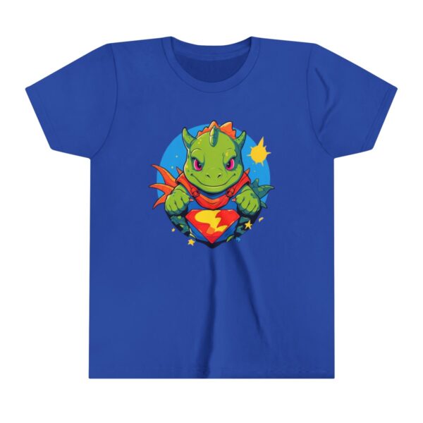 Superhero dinosaur illustration on youth short sleeve tee with a lightning bolt emblem