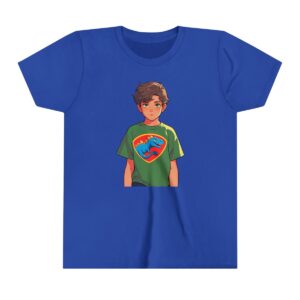 Superhero boy illustration on youth short sleeve tee with green shirt featuring a dinosaur emblem