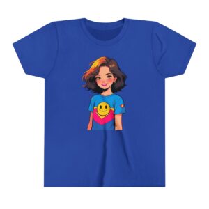 Superhero girl illustration on youth short sleeve tee with a smiley face on her shirt