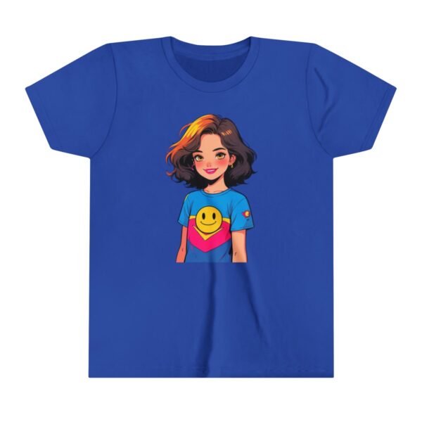 Superhero girl illustration on youth short sleeve tee with a smiley face on her shirt