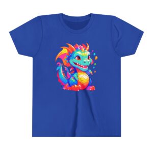 Cheerful dragon illustration on youth short sleeve tee with bright colorful scales