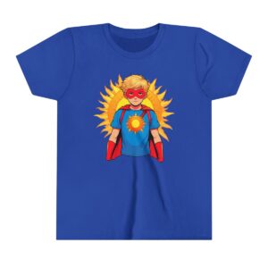 Superhero boy illustration on youth short sleeve tee with sunburst background, red mask, and blue suit