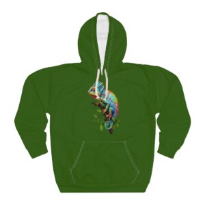 Unisex Pullover Chameleon Hoodie with vibrant green color and chameleon design.