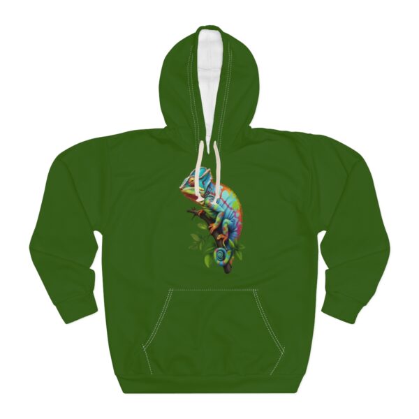 Unisex Pullover Chameleon Hoodie with vibrant green color and chameleon design.