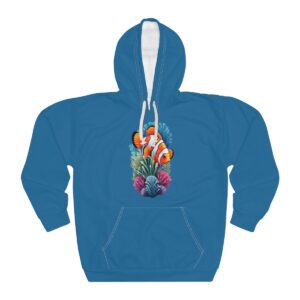 Fish Hoodie with colorful clownfish and coral design